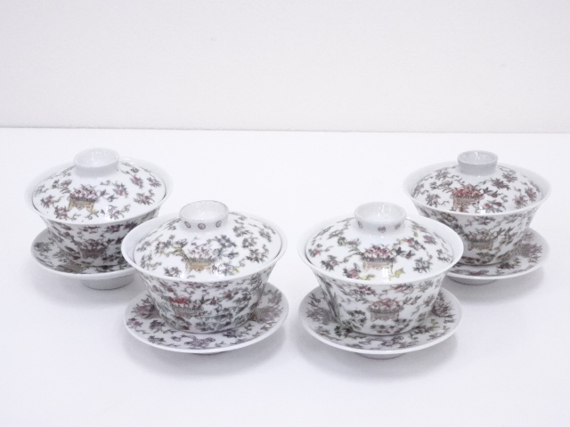 古物　中国陶磁　粉彩桃図煎茶用蓋碗4客セット